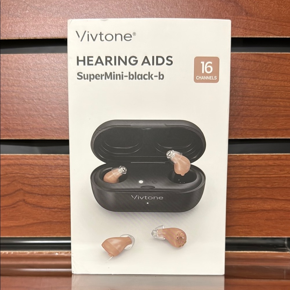 SuperMini Black-B Hearing Aids — Black Charging Case with Beige Earpieces